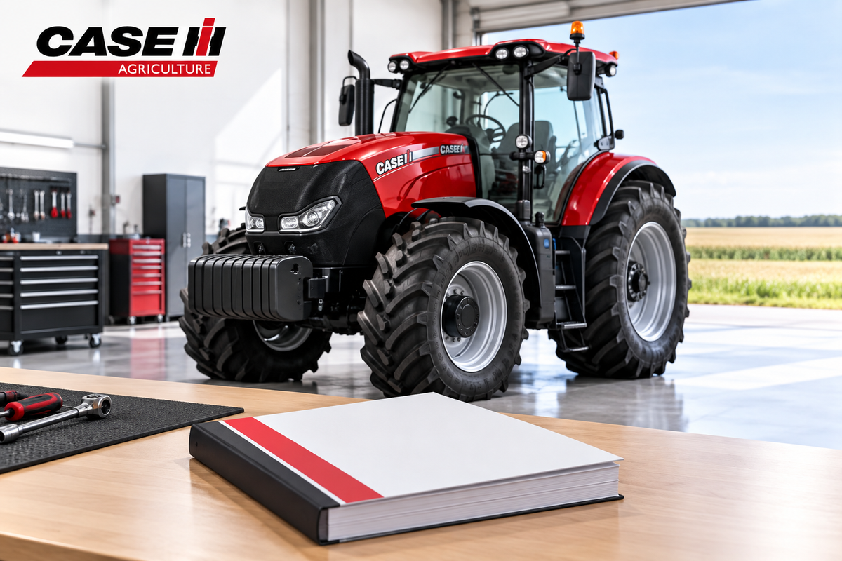 Illustration contemporaine d’un tracteur rouge dans un atelier avec un manuel et le logo CASE IH