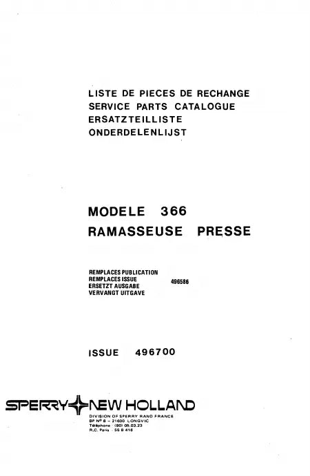 Catalogue des Pièces Détachées NEW HOLLAND 366 NEW HOLLAND