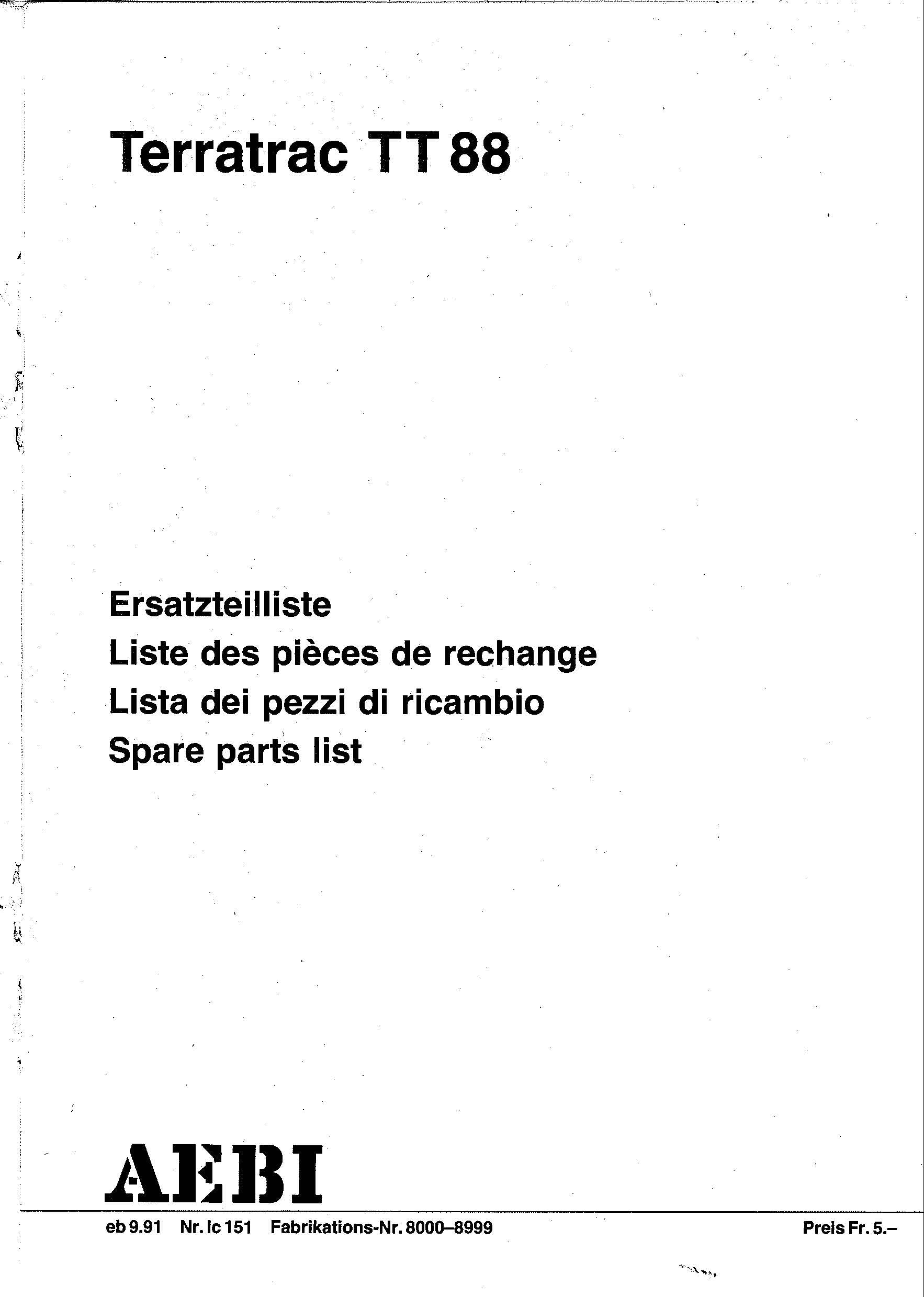 Aebi Terratrac TT88 | Catalogue pièces de rechange | DE + FR + IT | 88 pages