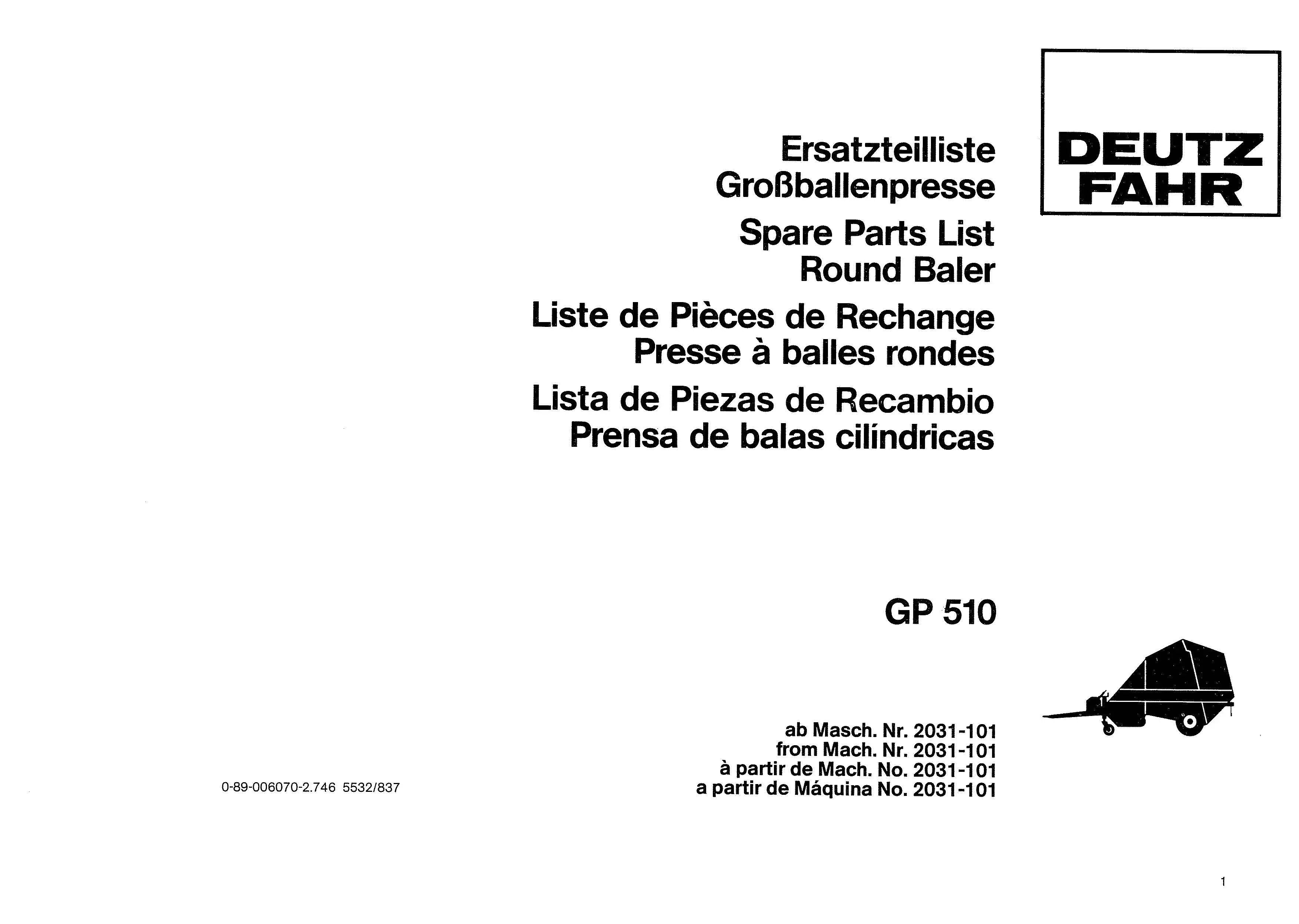 DEUTZ FAHR GP 510 Presse à Balles Rondes – Catalogue Pièces Détachées PDF | 4 Langues deutz-fahr