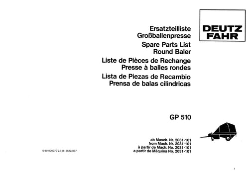 DEUTZ FAHR GP 510 Presse à Balles Rondes – Catalogue Pièces Détachées PDF | 4 Langues deutz-fahr