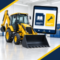 Illustration d’un tractopelle jaune et de deux documents numériques, guide d’utilisation et manuel de service