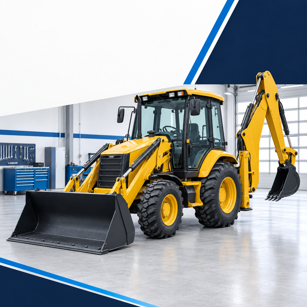 Illustration d’un tractopelle jaune dans un atelier, visuel générique pour le manuel de service Ford 555C et 655C
